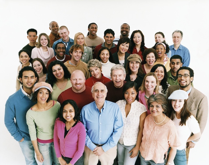 Elevated Studio Shot of a Large Mixed Age, Multiethnic Crowd of Men and Women